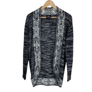 Angie Cardigan Sweater Size Medium Round Open Front Aztec Wool Black White